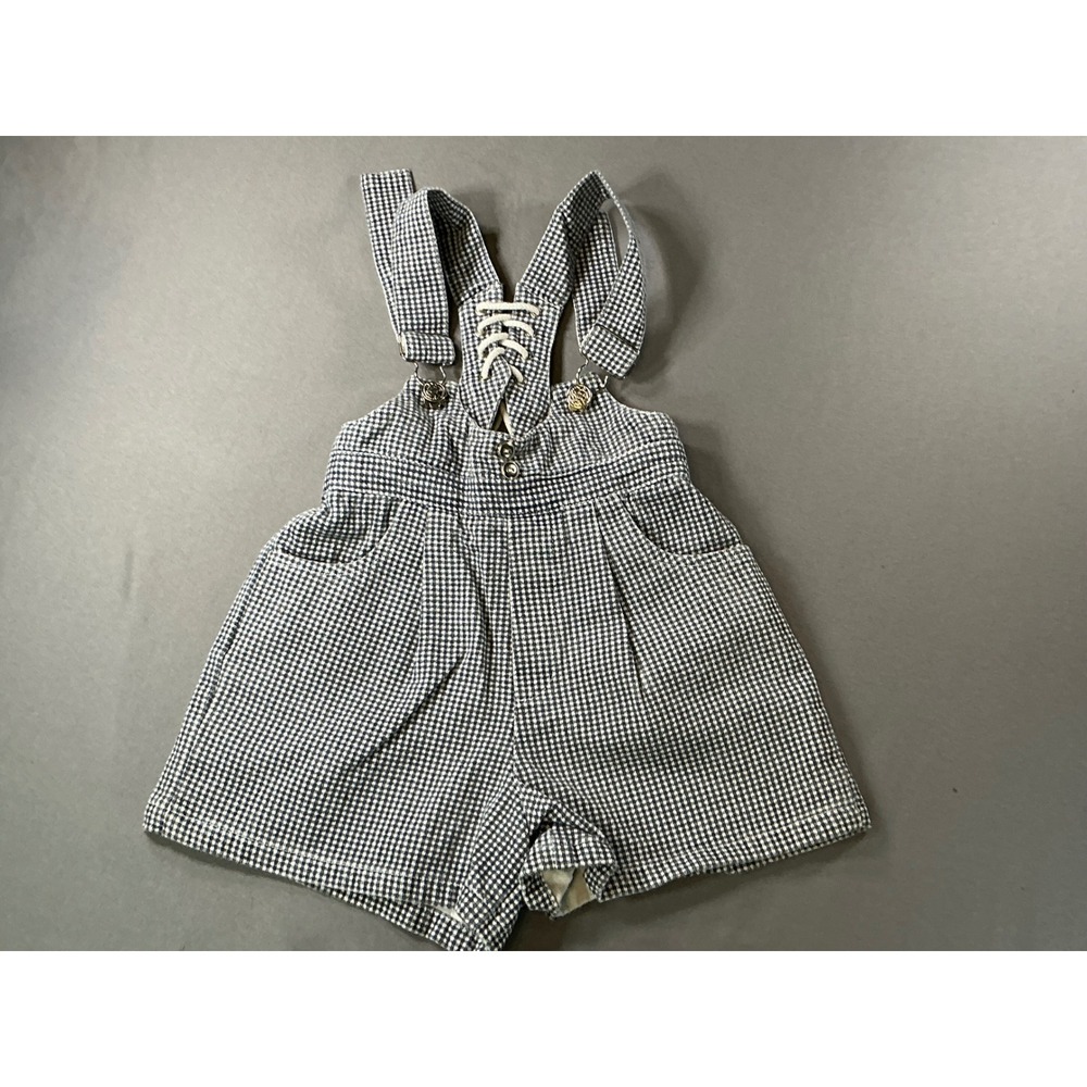 Eve Byer Girls Blue White Gingham Lace Up Bib Shortall Overalls Size 5 Vintage
